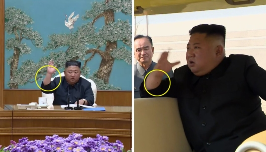 左が４月11日の朝鮮労働党政治局会議、右が5月1日の順川燐酸肥料工場の竣工式（朝鮮中央テレビ）